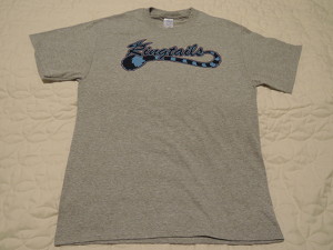Grey cotton/polyester t-shirt with Ringtails logo.